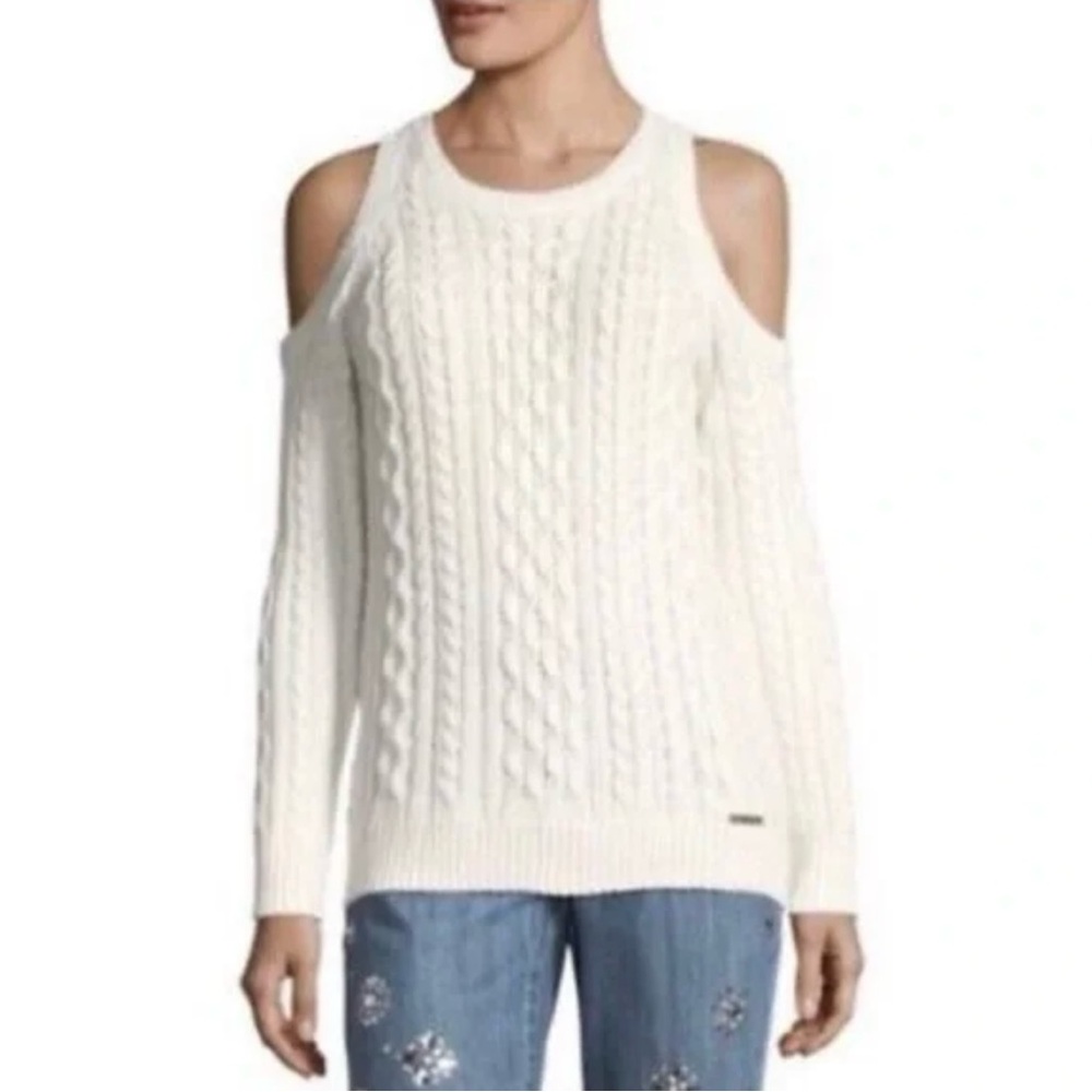 Michael Kors White Cold Shoulder Sweater Medium Cable Knit Hi Low Hem Cozy Chic - Picture 2 of 14